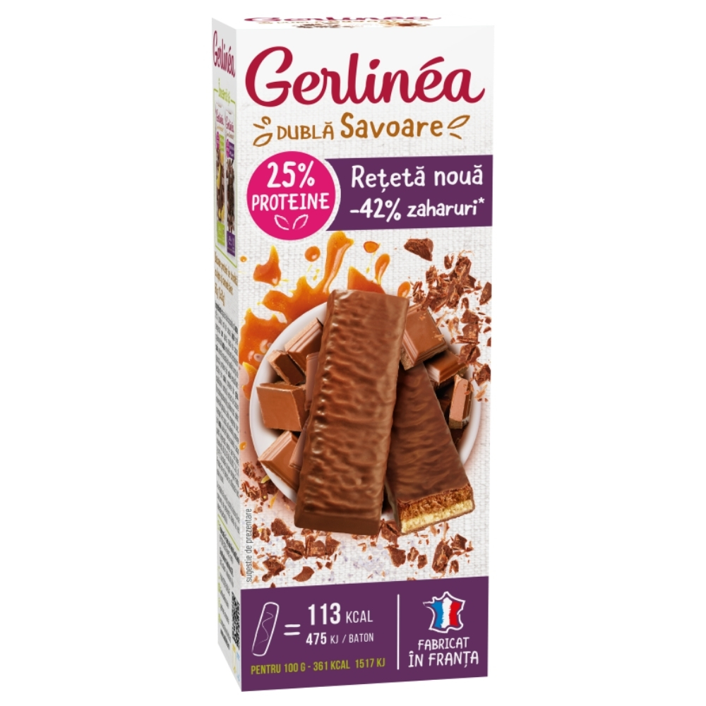 Batoane proteice de ciocolata cu lapte si caramel sarat, 62 g, Gerlinea
