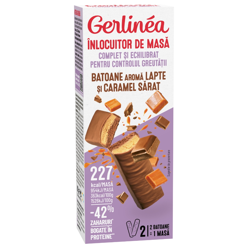 Batoane proteice de ciocolata cu lapte si caramel sarat, 62 g, Gerlinea