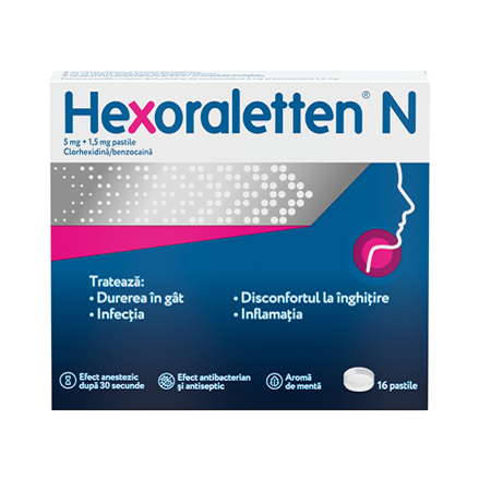 Hexoraletten N, 5 mg+1,5 mg, 16 pastile, Mcneil Healthcare