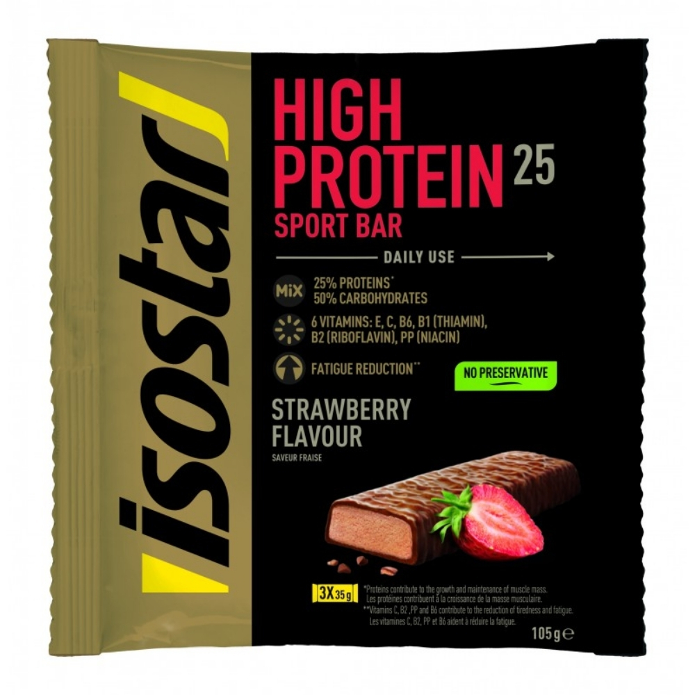 Baton proteinc cu aroma de capsuni High Protein Sport Bar, 3 x 35 g, Isostar