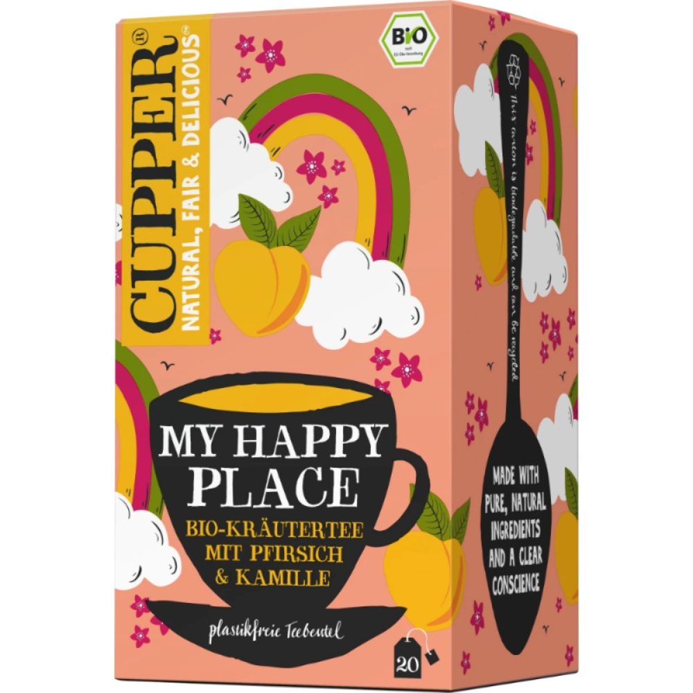Ceai eco de plante cu musetel si aroma de piersici My Happy Place, 20 plicuri, Cupper