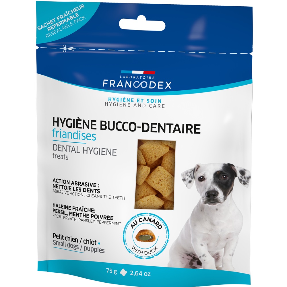 Recompense dentare cu patrunjel si menta pentru caini Dental Snack Puppies, 75 g, Francodex