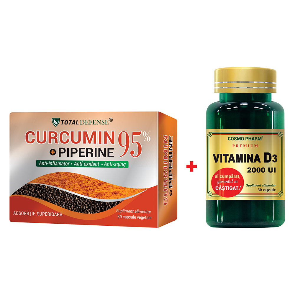 Curcumin + Piperine 95%, 30 capsule + Vitamina D3 2000 UI, 30 capsule, Cosmopharm