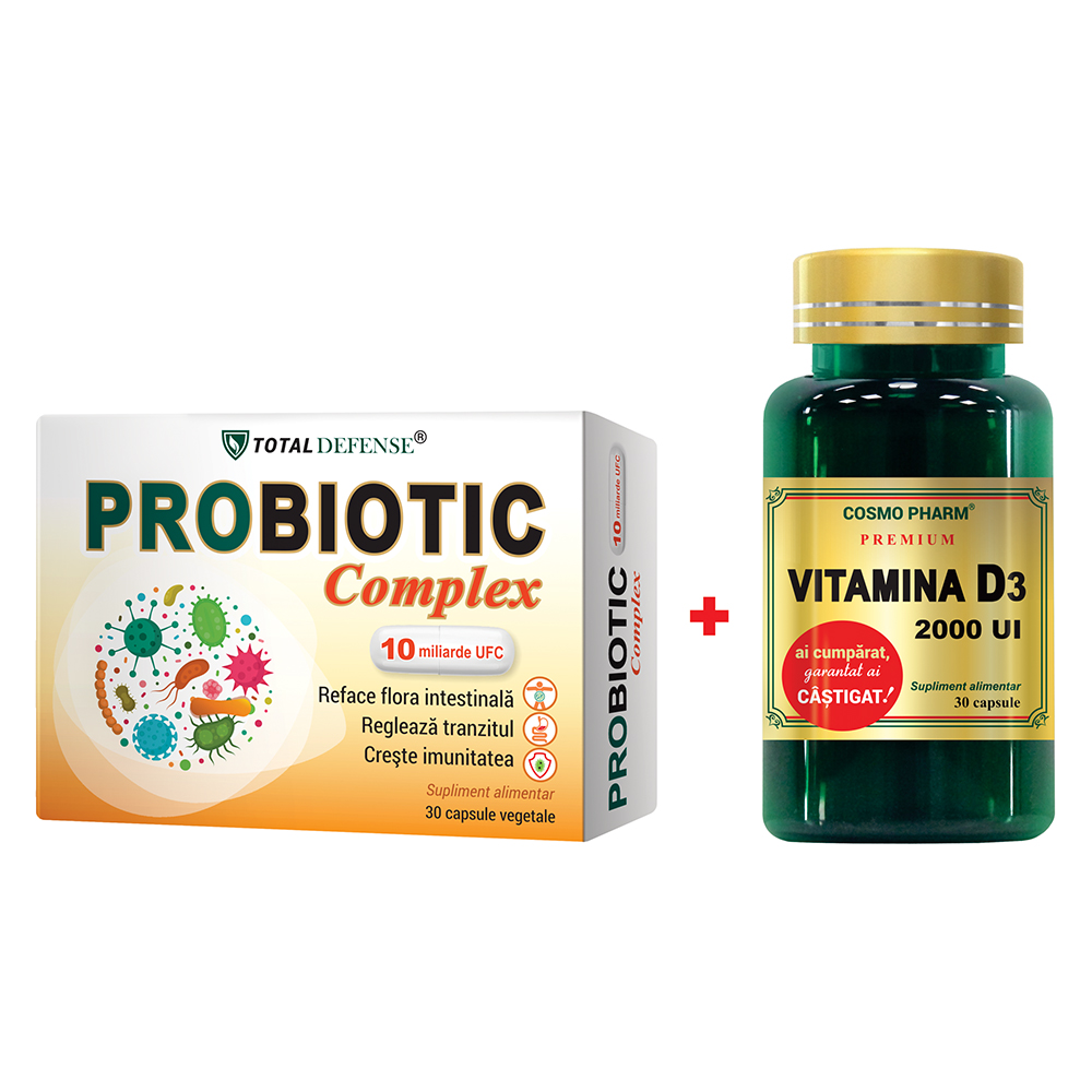 Probiotic Complex, 30 capsule + Premium Vitamina D3 2000 UI, 30 capsule, Cosmopharm