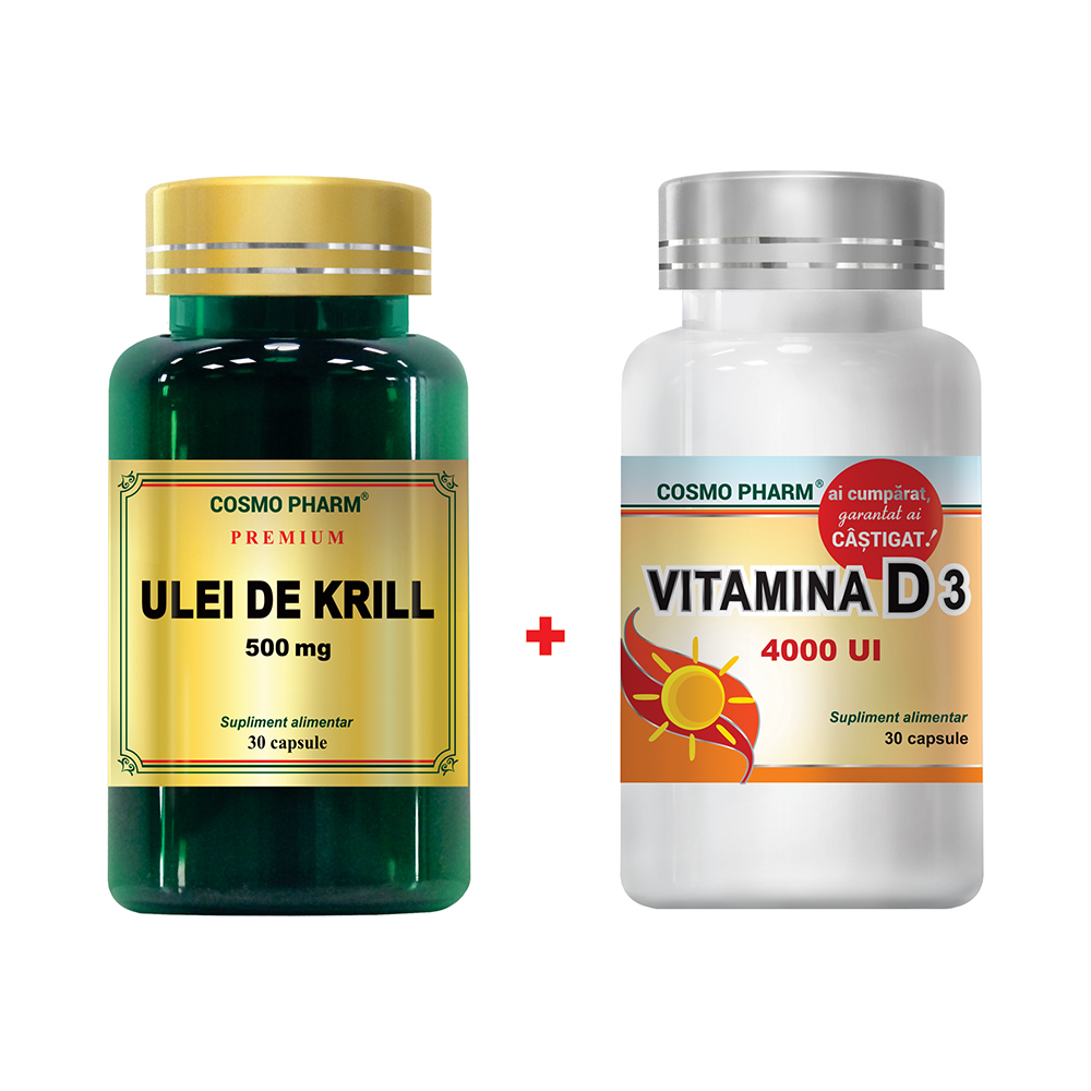 Ulei de krill 500mg, 30 capsule + Vitamina D3 4000 UI, 30 capsule, Cosmopharm