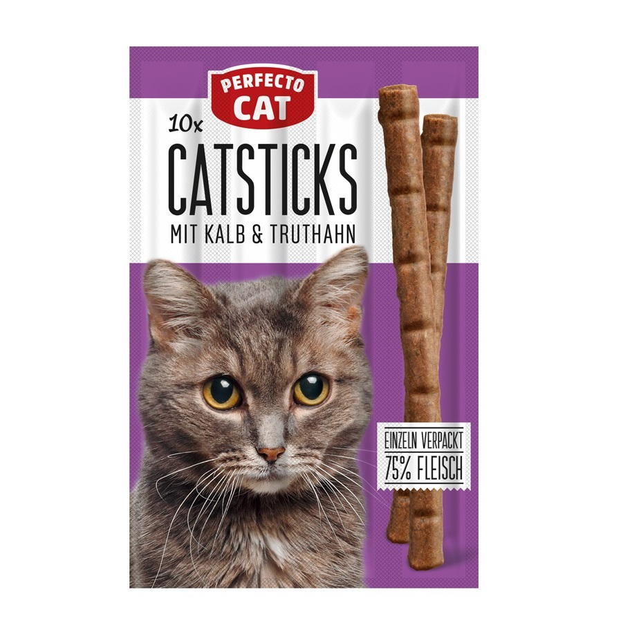 Recompense sticks pentru pisici cu vitel si curcan, 10 bucati x 5 g, Perfecto Cat