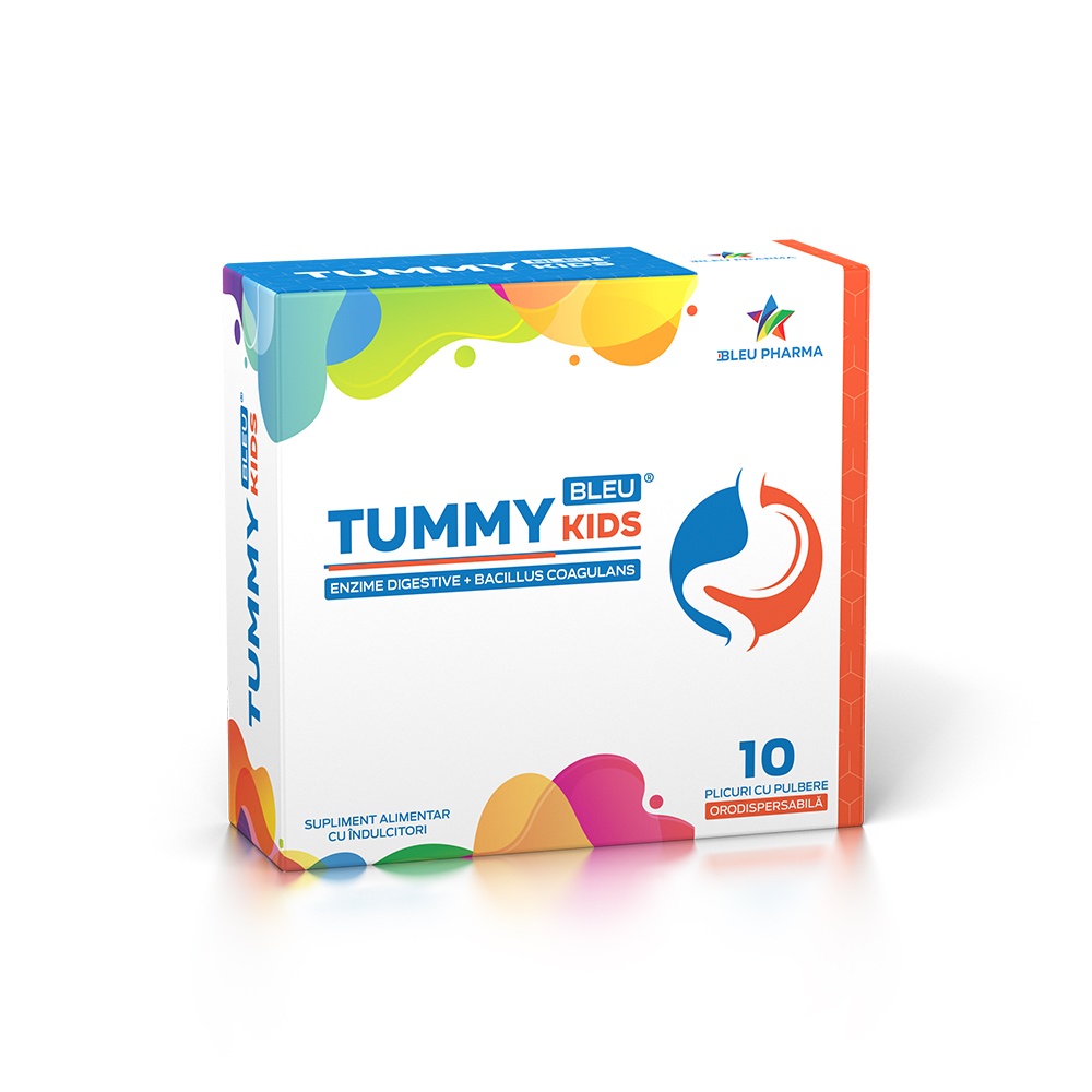 Supliment pentru sistemul digestiv cu indullcitori Tummy Bleu Kids, 10 plicuri, Bleu Pharma