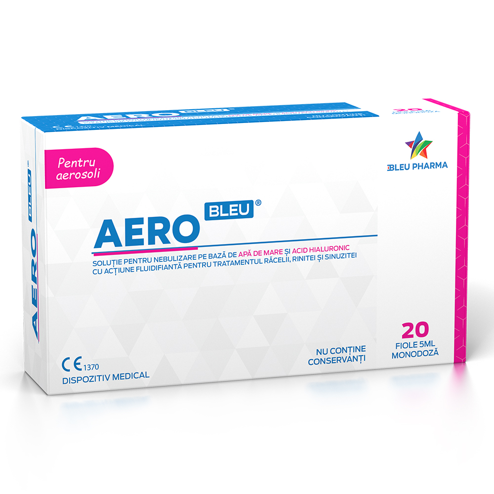 Solutie pentru nebulizare pe baza de apa si acid hialuronic Aero Bleu, 20 fiole x 5 ml, Bleu Pharma