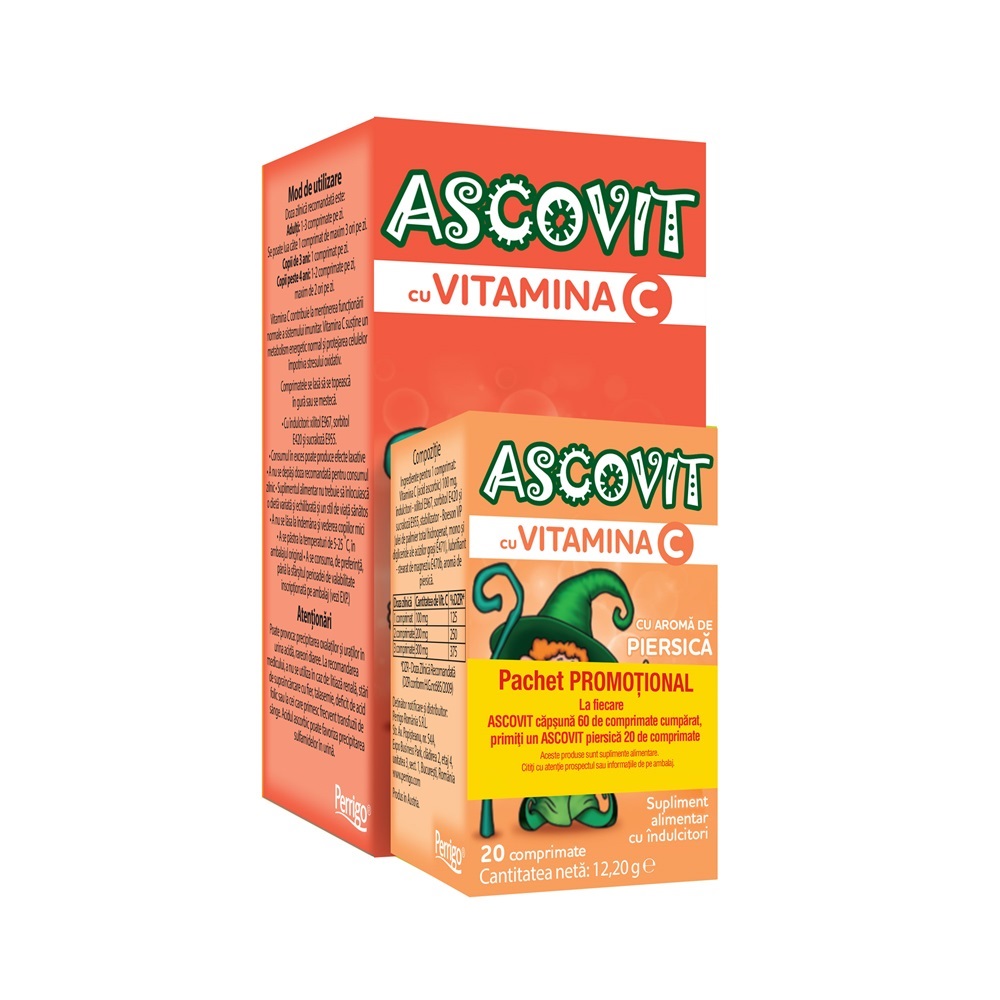 Ascovit cu Vitamina C cu arama de capsuni 60 coprimate + Ascovit cu Vitamina C cu aroma de piersica 100 mg x 20 comprimate, Perrigo