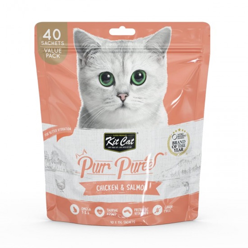 Recompense lichide cu pui si somon pentru pisici Purr Puree, 40x15 g, Kit Cat