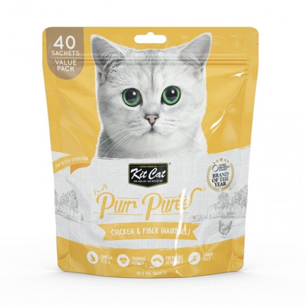 Recompense lichide cu pui si fibre pentru pisici Hairball Purr Puree, 40x15 g, Kit Cat