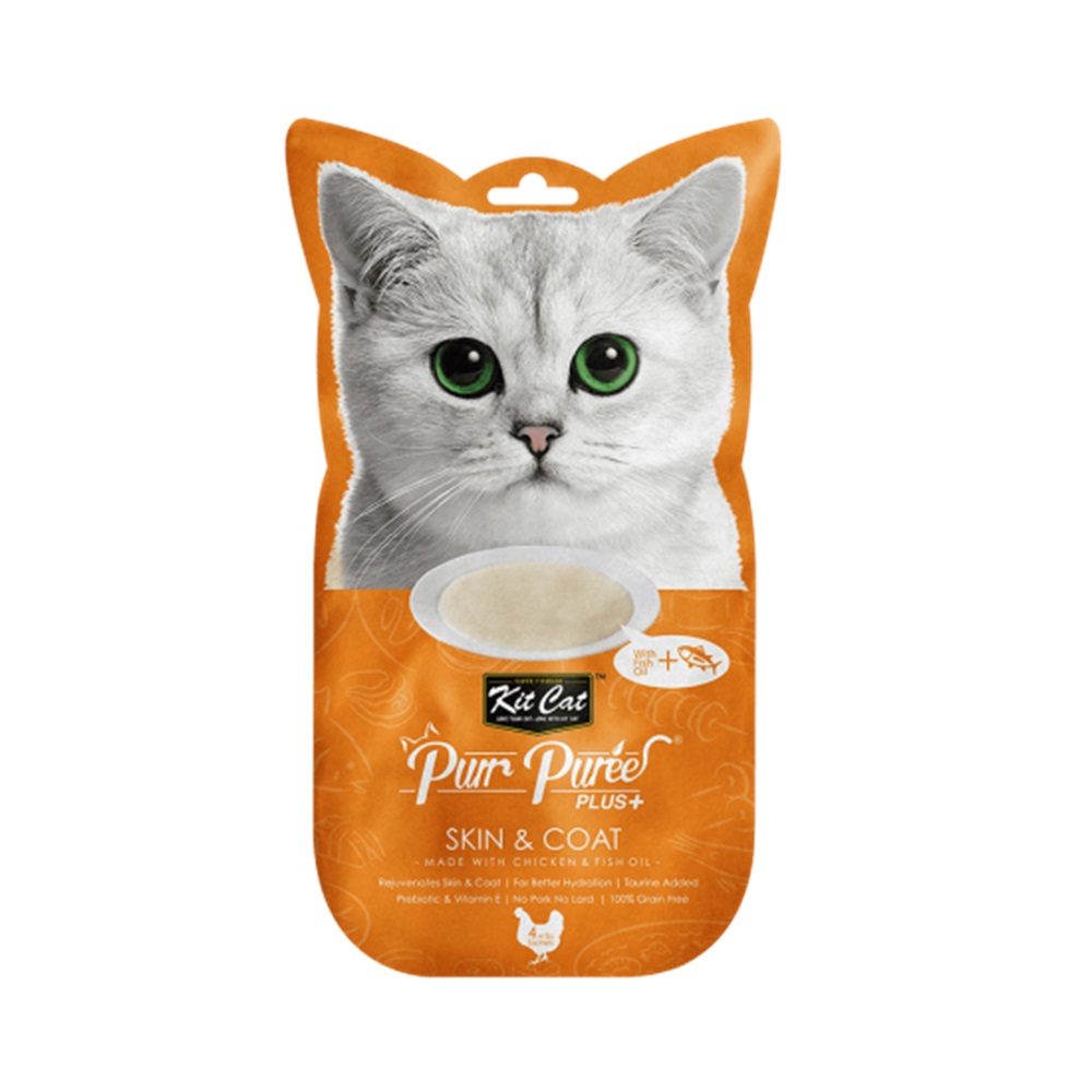 Recompense lichide cu pui si ulei de peste pentru pisici Skin&Coat Purr Puree, 4x15 g, Kit Cat