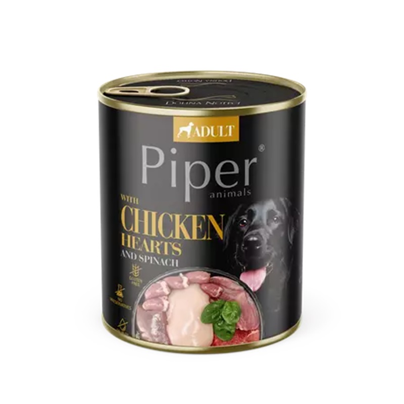 Hrana umeda pentru caini adulti cu inimi de pui si spanac, 400 g, Piper