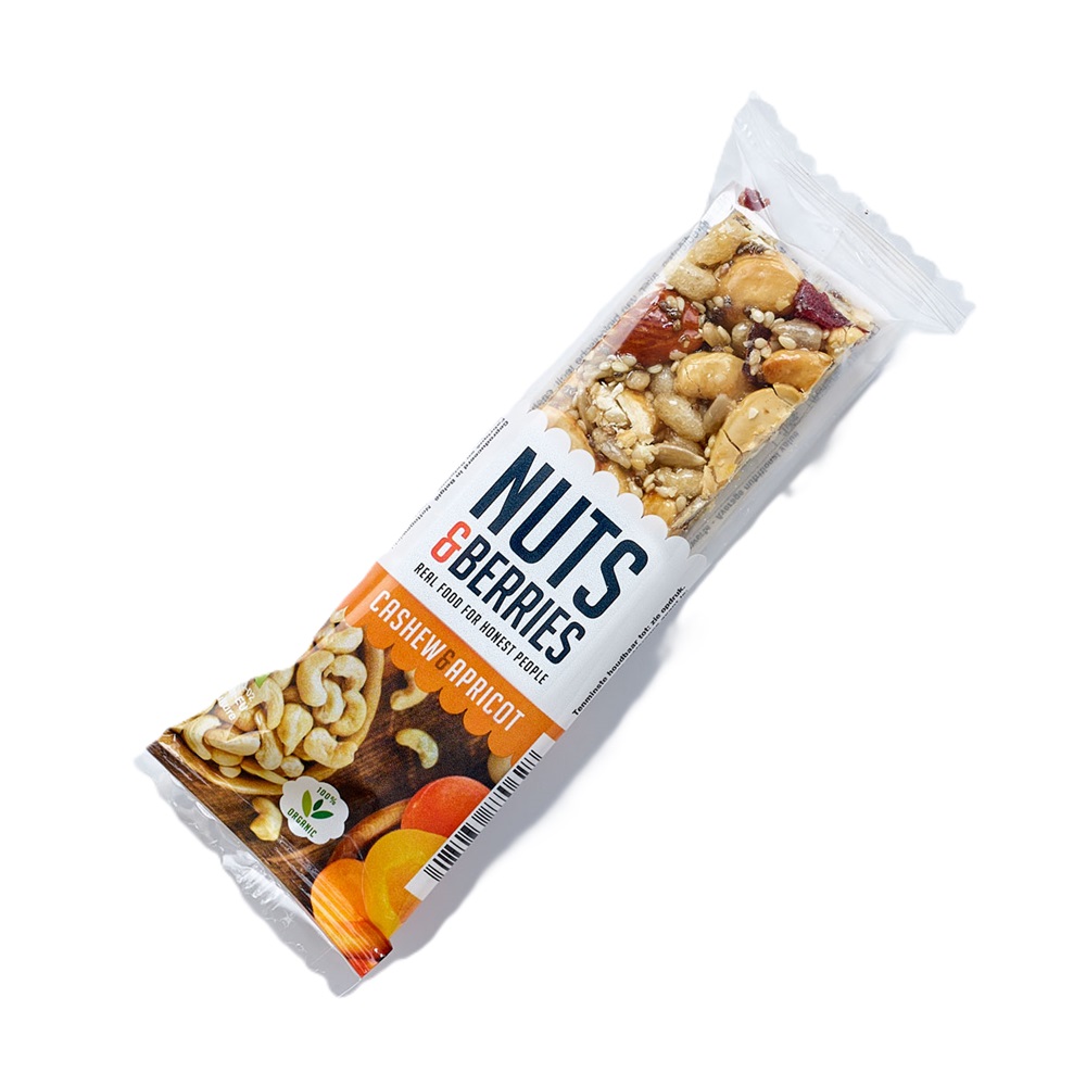 Baton crocant Bio cu nuci, caju si caise Cashew & Apricot, 30 g, Nuts & Berries