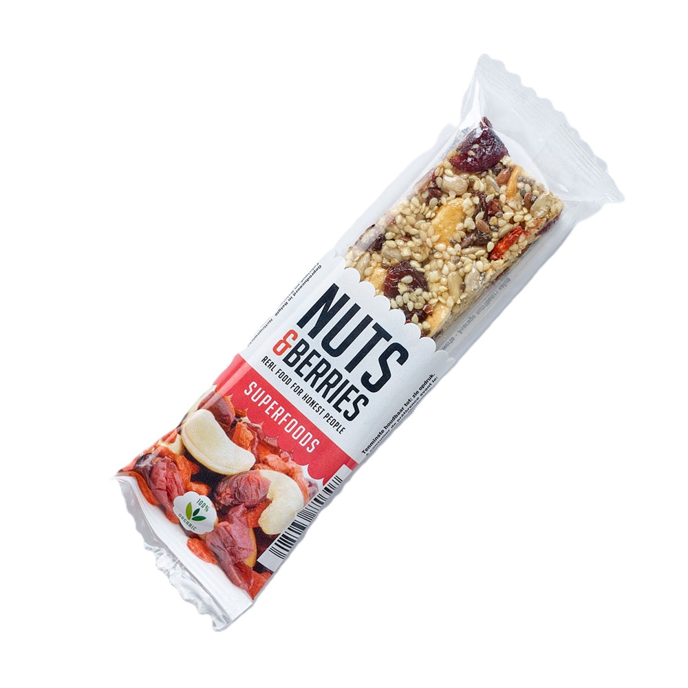 Baton crocant Bio cu nuci, physalis si goji Superfoods, 40 g, Nuts & Berries