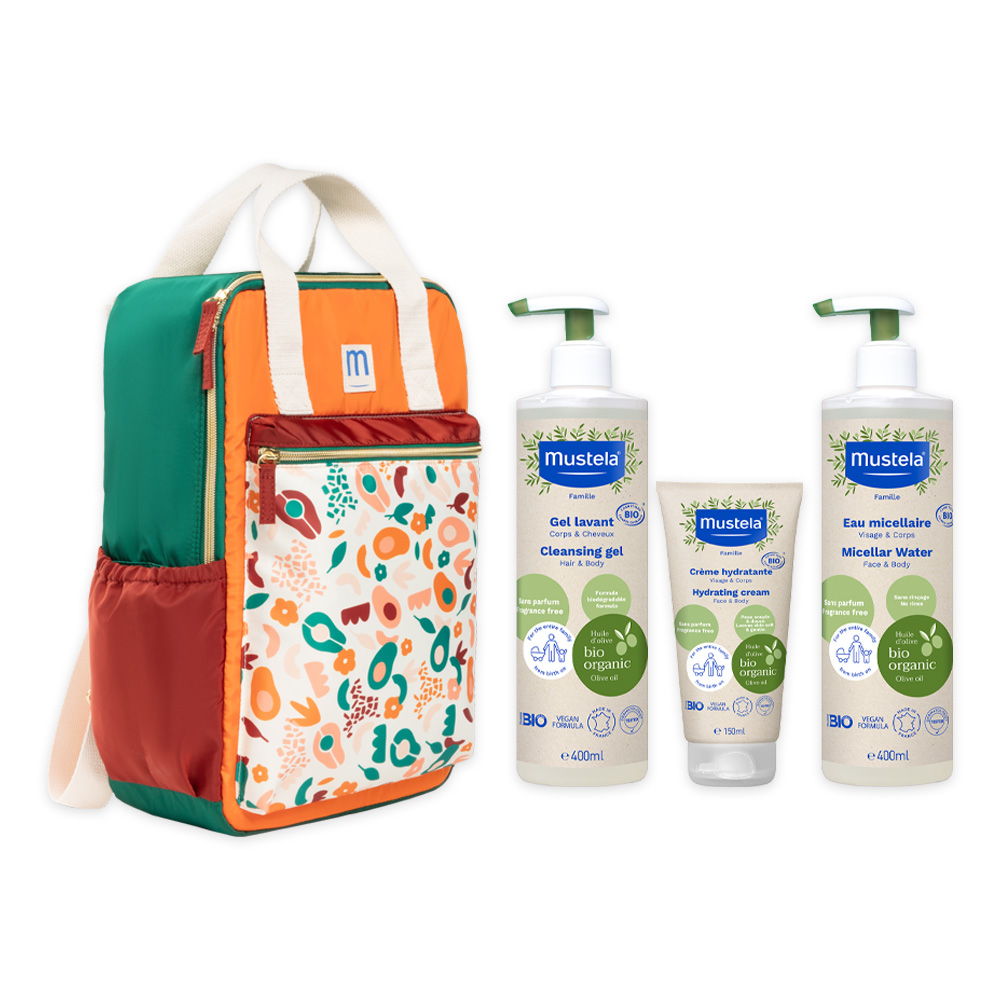 Pachet Apa micelara organica 400ml, Gel de curatare 400ml, Crema hidratanta organica 150ml + Rucsac, Mustela