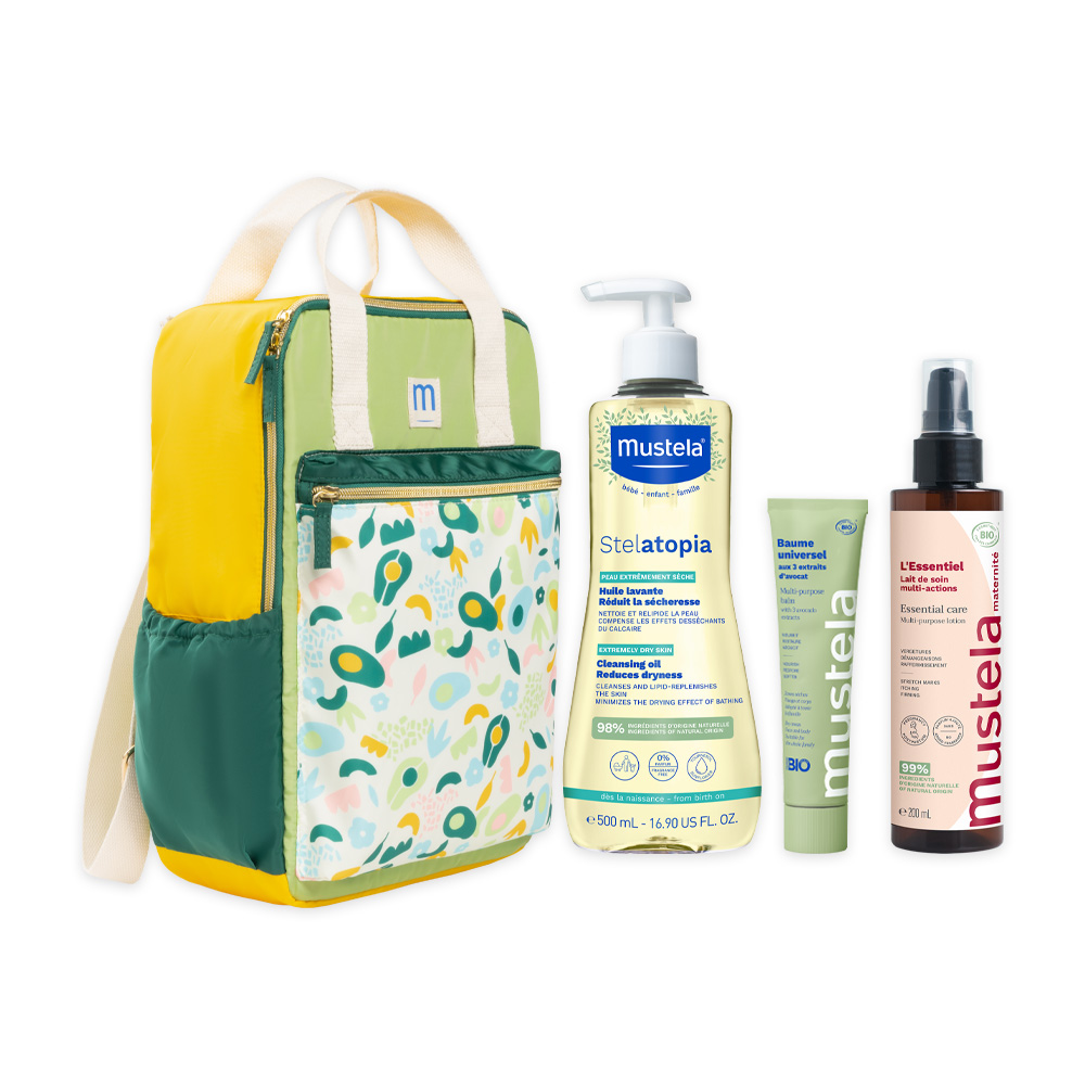 Pachet Mami Ulei curatare Stelatopia 500ml, Lotiune Maternite 200ml, Balsam multi-functional 75ml + Rucsac, Mustela