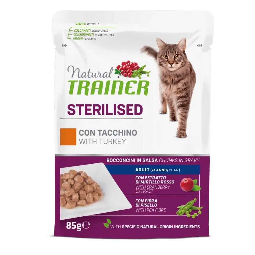 Hrana umeda cu curcan pentru pisici adulte sterilizate, 85 g, Natural Trainer