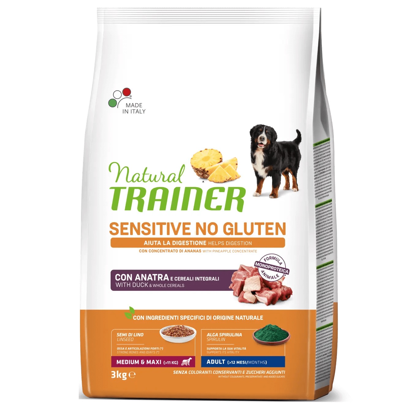 Hrana uscata fara gluten cu rata pentru cainii de talie medie sau mare cu varsta adulta, 3 kg, Natural Trainer