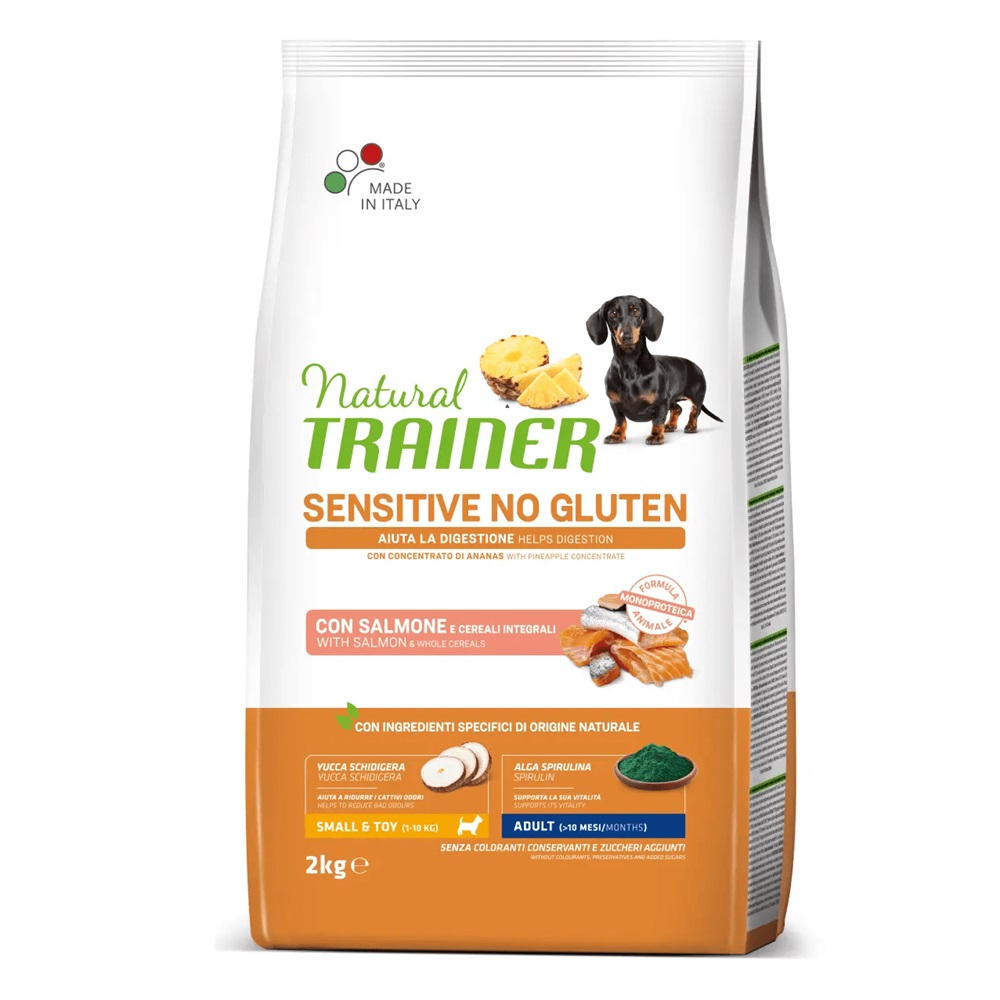 Hrana uscata fara gluten cu somon pentru cainii adulti de talie mica sau foarte mica, 2 kg, Natural Trainer