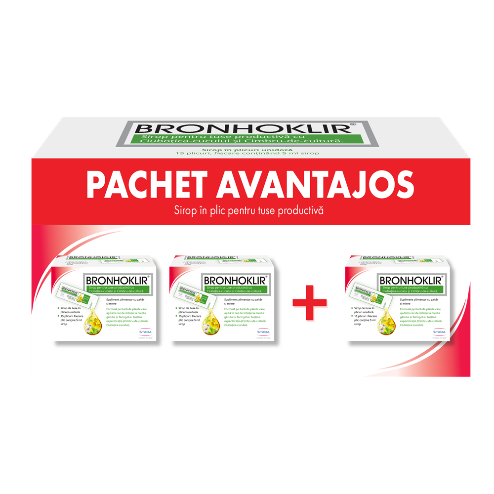 Pachet Bronhoklir sirop tuse productiva 2+1, 3 x 15 plicuri, Stada