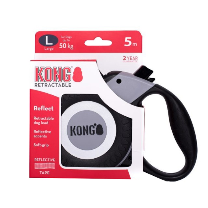 Lesa retractabila reflectorizanta gri Reflect, Large 5 m - 50 kg, 1 bucata, Kong Retractable