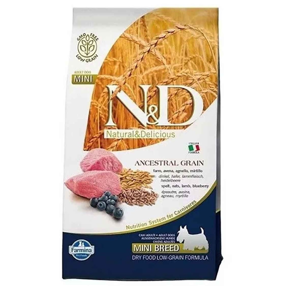 Hrana uscata cu miel, alac, ovaz si afine pentru caini N&D Ancestral Grain Adult Mini, 800 g, Farmina