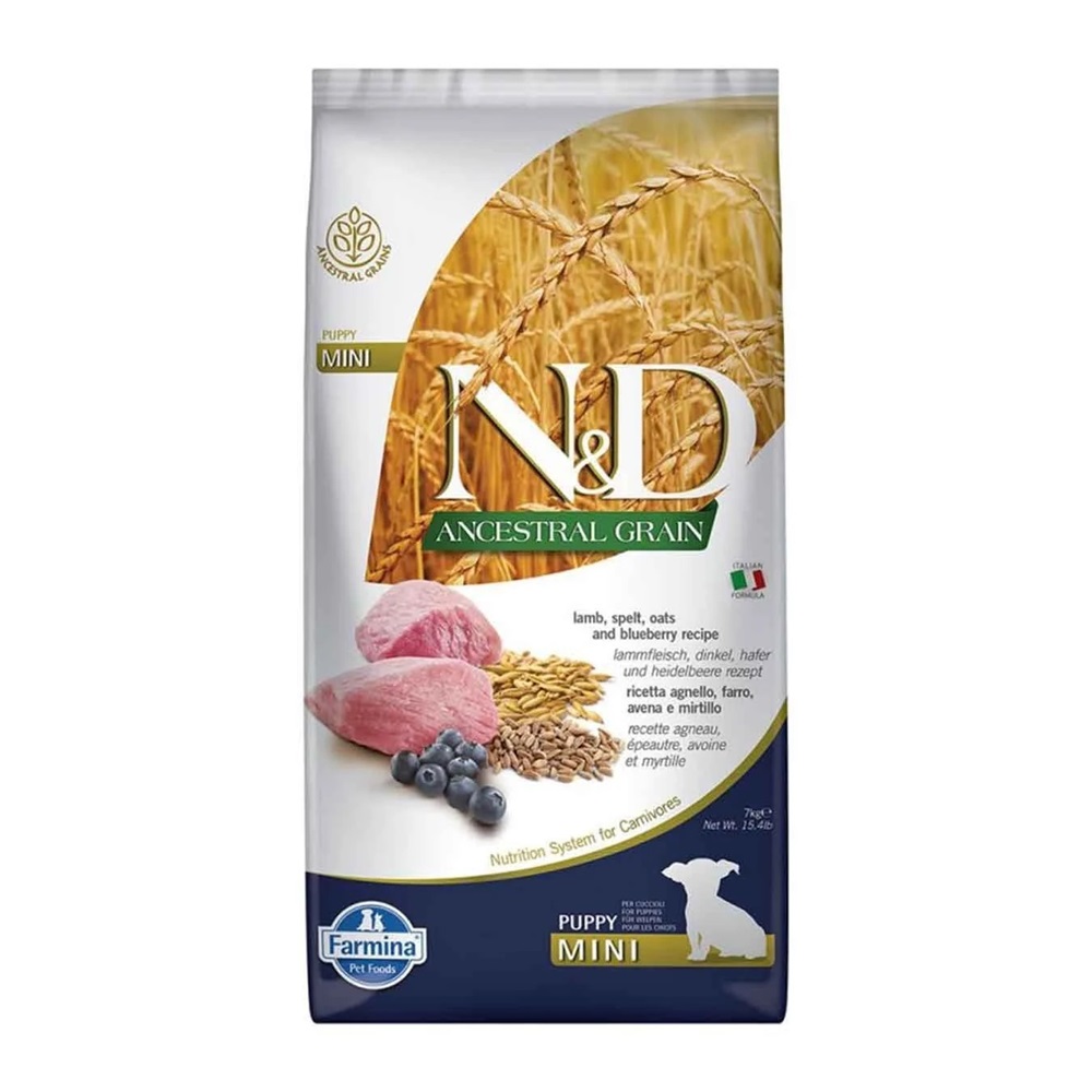 Hrana uscata cu miel, ovaz si afine pentru caini N&D Ancestral Grain Adult Puppy, 800 g, Farmina