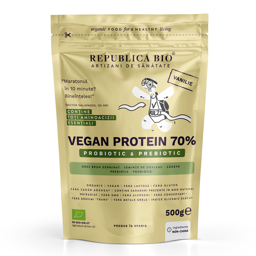 Pudra proteica Bio vegana 70% cu aroma de vanilie, 500 g, Republia Bio