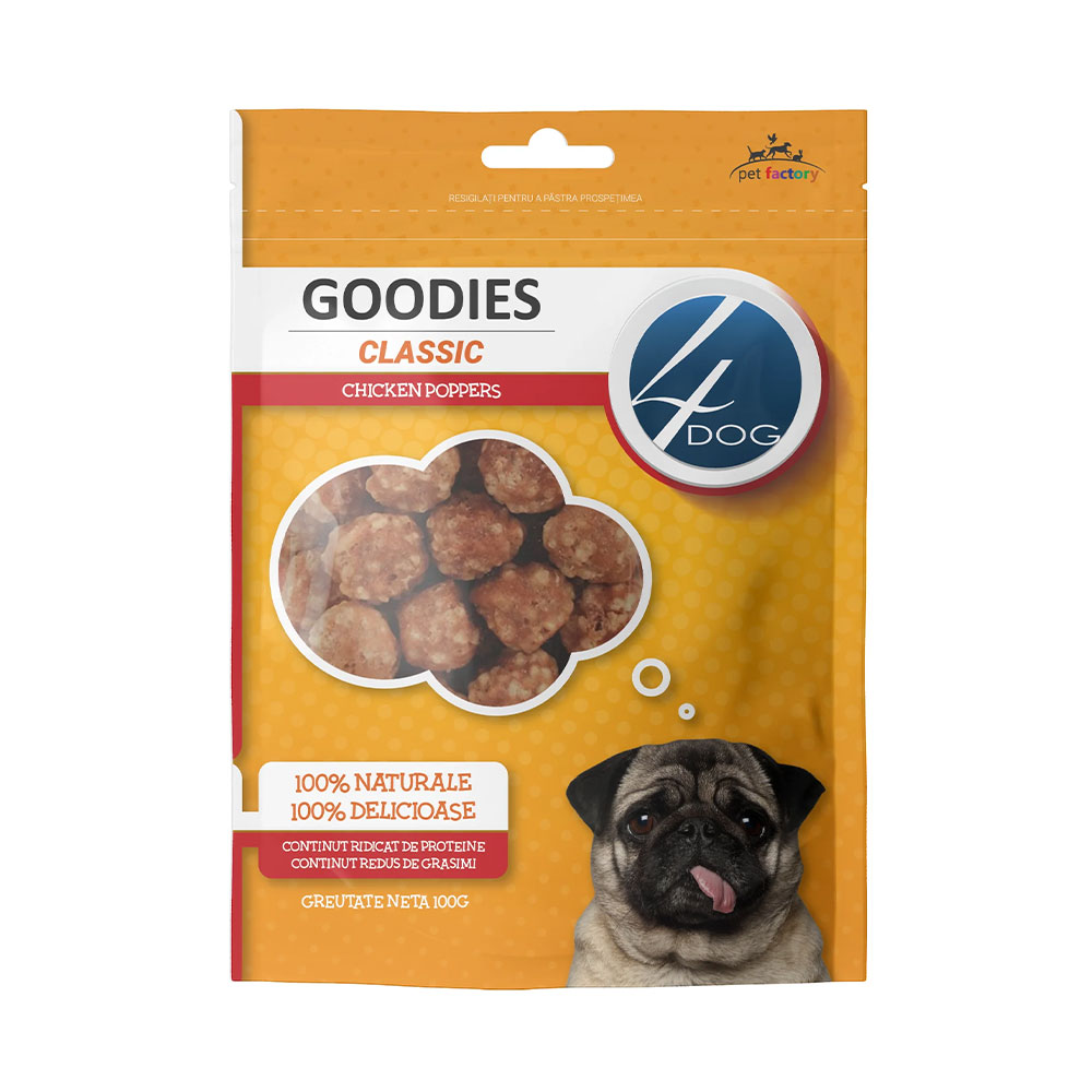 Recompense cu pui pentru caini 4Dog Classic Chicken Poppers, 100 g, Goodies