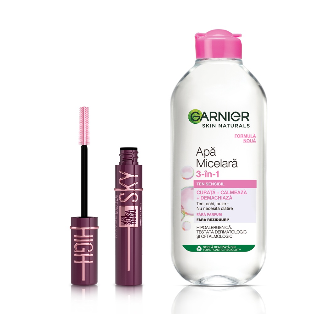 Set Mascara Maybelline New York Lash Sensational Sky High Burgundy Haze, 7.2 ml + Apa Micelara pentru ten sensibil, 400 ml Skin Naturals, Garnier