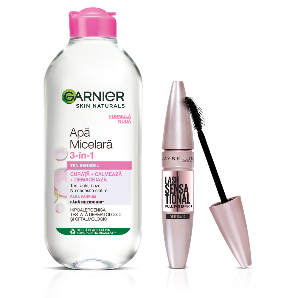 Set Mascara pentru volum si alungire Maybelline Lash Sensational Sky High Black, 7.2 ml + Apa micelara pentru ten sensibil Skin Naturals, 400 ml, Garnier