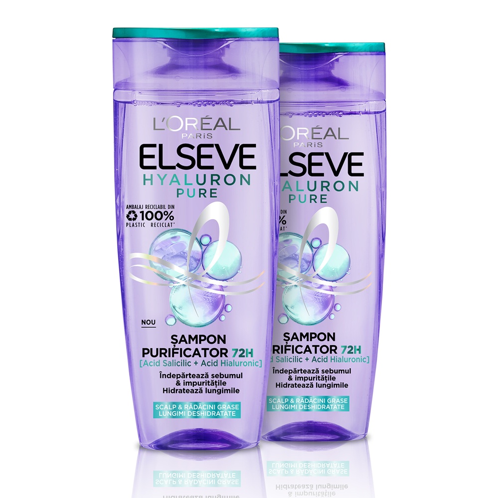 Set Sampon pentru scalp si radacini grase si lungimi deshidratate Hyaluron Pure, 2 x 250 ml, Elseve