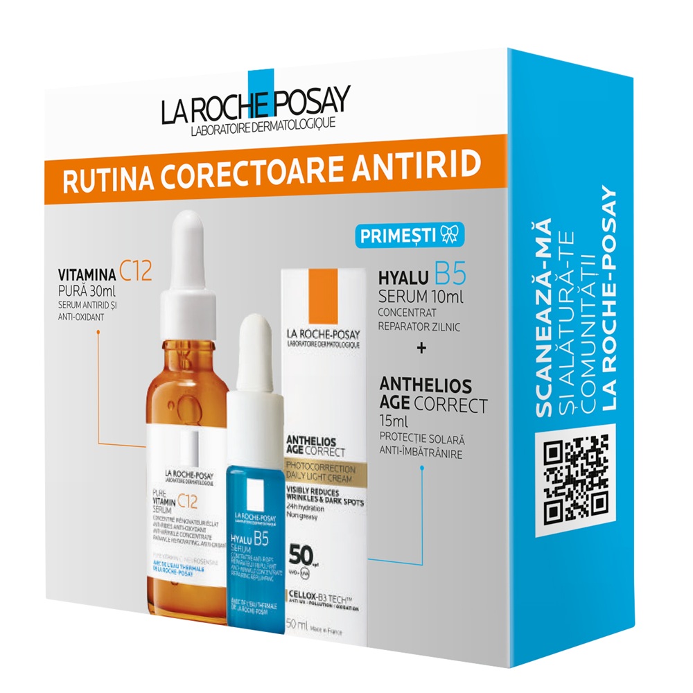 Pachet Serum Cu Vitamina C12 Pura  30 ml + Mini Anthelios Age Correct 15 ml + Mini Hyalu B5 Serum 10 ml, La Roche-Posay