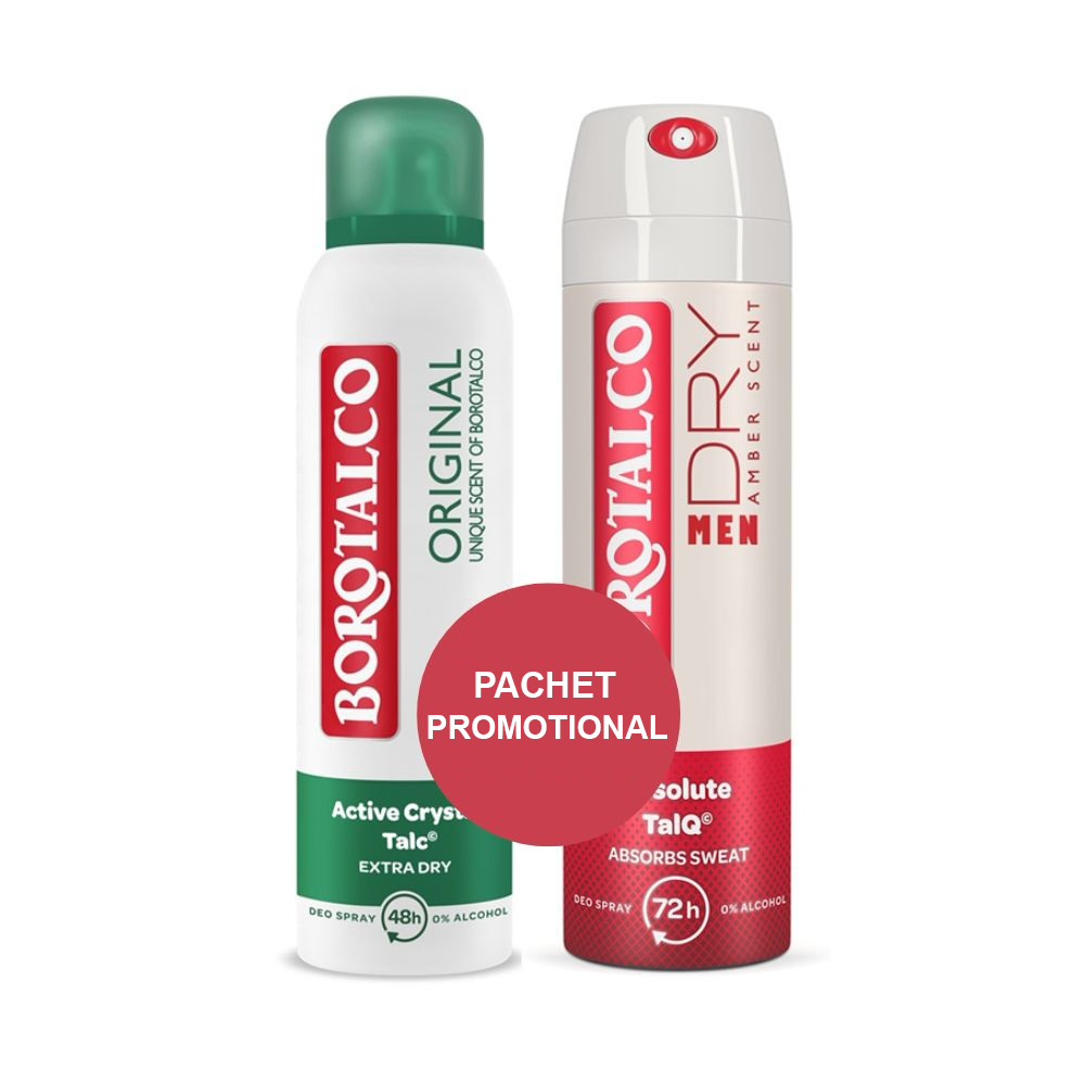 Pachet Deodorant Spray Original 150 ml + Deodorant Spray Pentru Barbati Amber 150 ml, Borotalco