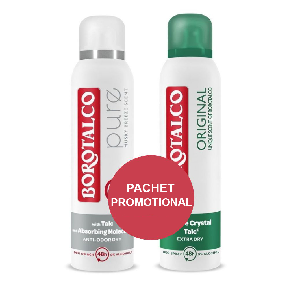 Pachet Deodorant Spray Original 150 ml + Deodorant Spray Pure Musk 150 ml, Borotalco