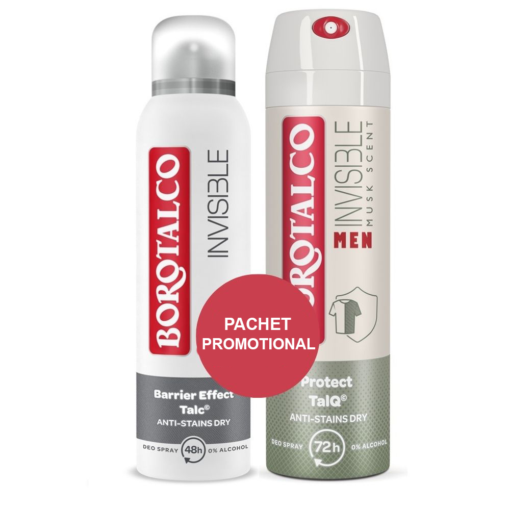 Pachet Deodorant Spray Invisible Dry 150 ml + Deodorant Spray Pentru Barbati Invisible 150 ml, Borotalco