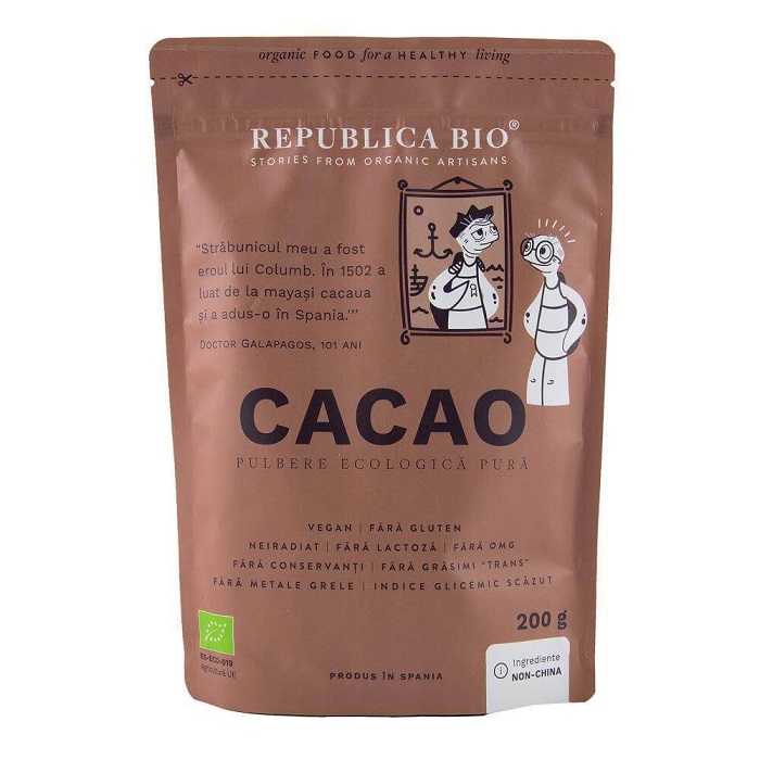 Pulbere ecologica pura de cacao fara gluten, 200 g, Republica Bio