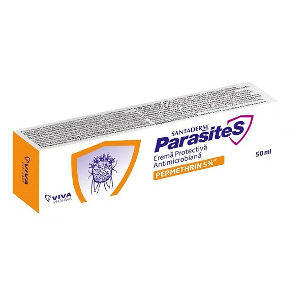 Crema protectiva antimicrobiana cu Permetrina 5% Parasites Santaderm, 50 ml, Viva Pharma