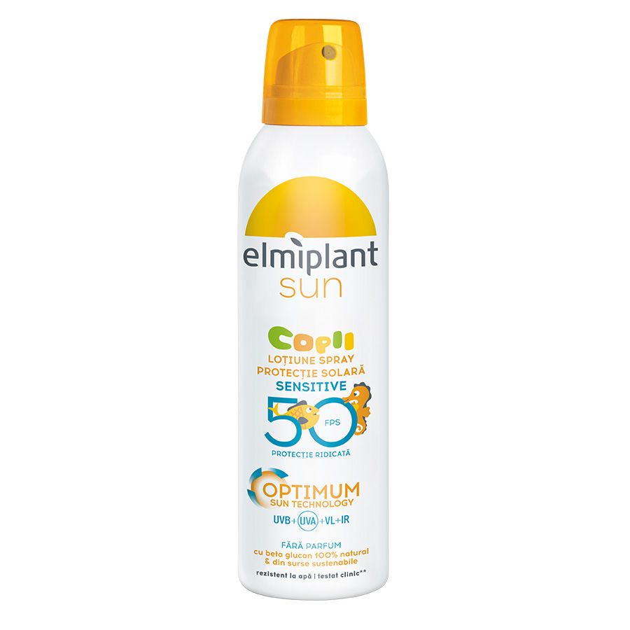 Lotiune spray pentru copii cu protectie solara ridicata Sensitive SPF 50 Optimum Sun, 150 ml, Elmiplant
