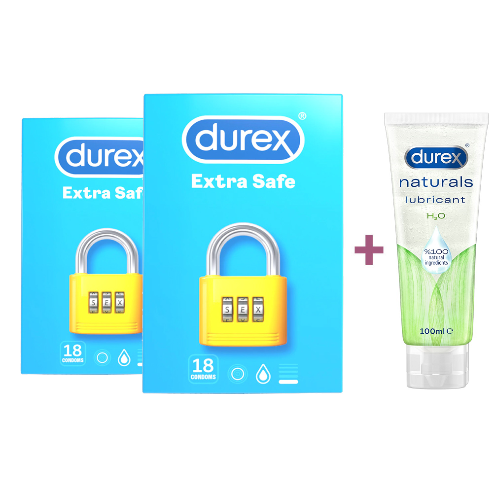 Pachet Prezervative Extra Safe, 18 + 18 bucÄƒÈ›i + Lubrifiant Naturals H2O, 100 ml, Durex