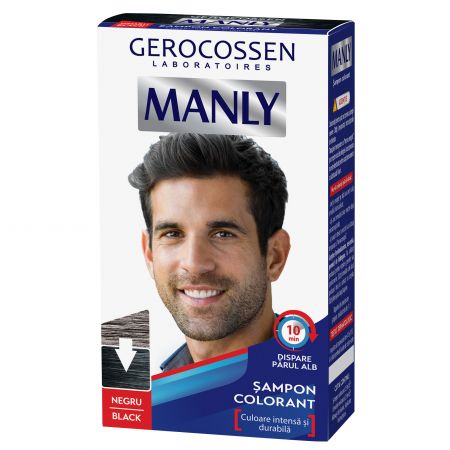 Sampon colorant pentru barbati, negru, Manly, 25 ml - Gerocossen