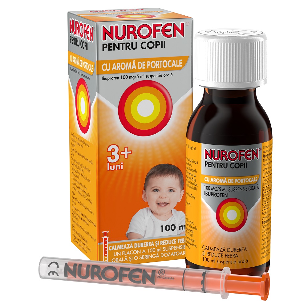 Nurofen sirop cu aroma de portocale pentru copii 3 luni+, 100 mg/5 ml, 100 ml, Reckitt Benckiser