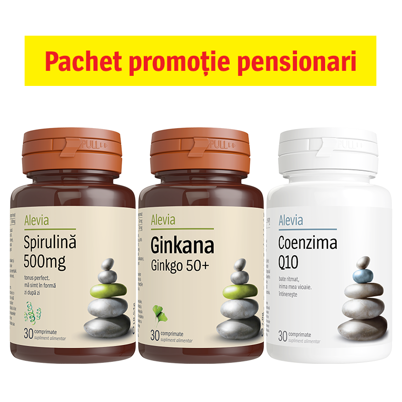 Pachet Spirulina 500 mg, 30 comprimate + Ginkana Ginkgo 50+, 30 comprimate + Coenzima Q10, 30 comprimate, Alevia