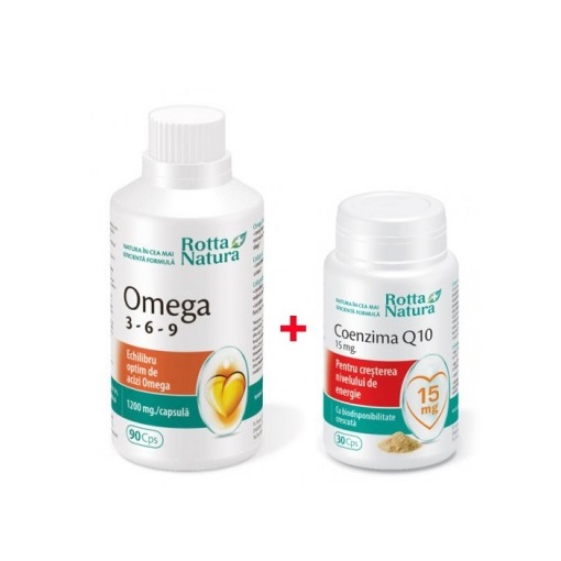 Pachet Omega 3-6-9, 90 capsule + Coenzima Q10 15 mg, 30 capsule, Rotta Natura