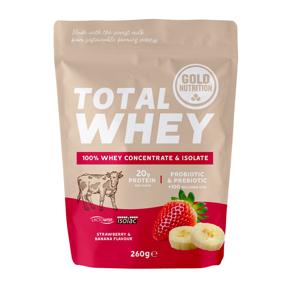 Pudra proteica Total Whey, Capsuni si Banane, 260 g, Gold Nutrition
