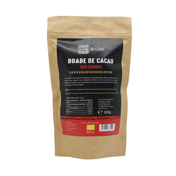 Boabe de Cacao Raw & Bio, 200 g, BioSof