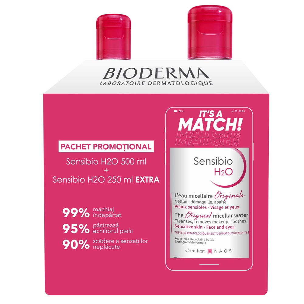 Pachet Solutie micelara Sensibio H2O, 500 ml + 250 ml, Bioderma