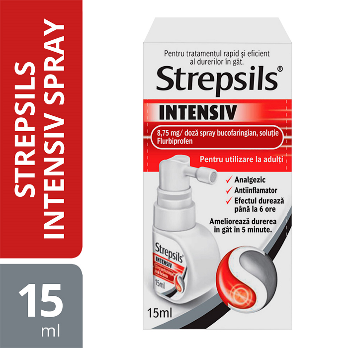 Strepsils Intensiv cirese si menta, spray bucofaringian, soluție, 8,75 mg/doză, 15 ml, Reckitt Benckiser Healthcare