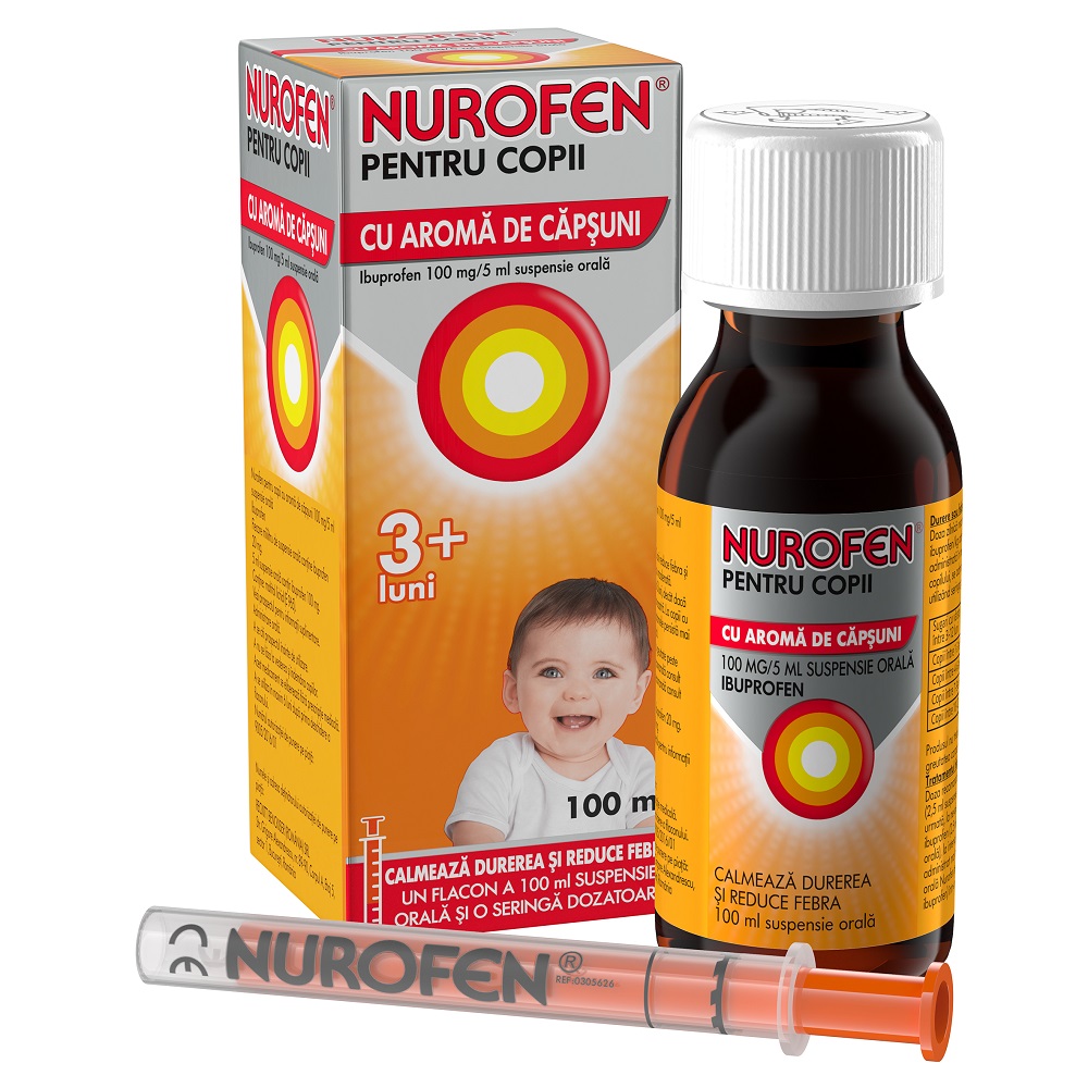 Nurofen cu aroma de capsuni pentru copii 3+ luni, 100 mg/5 ml, 100 ml, Reckitt Benckiser